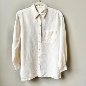 Vintage Button Up Shirt Women's M Cream Classic Neutral Coastal Boho Scandi Top